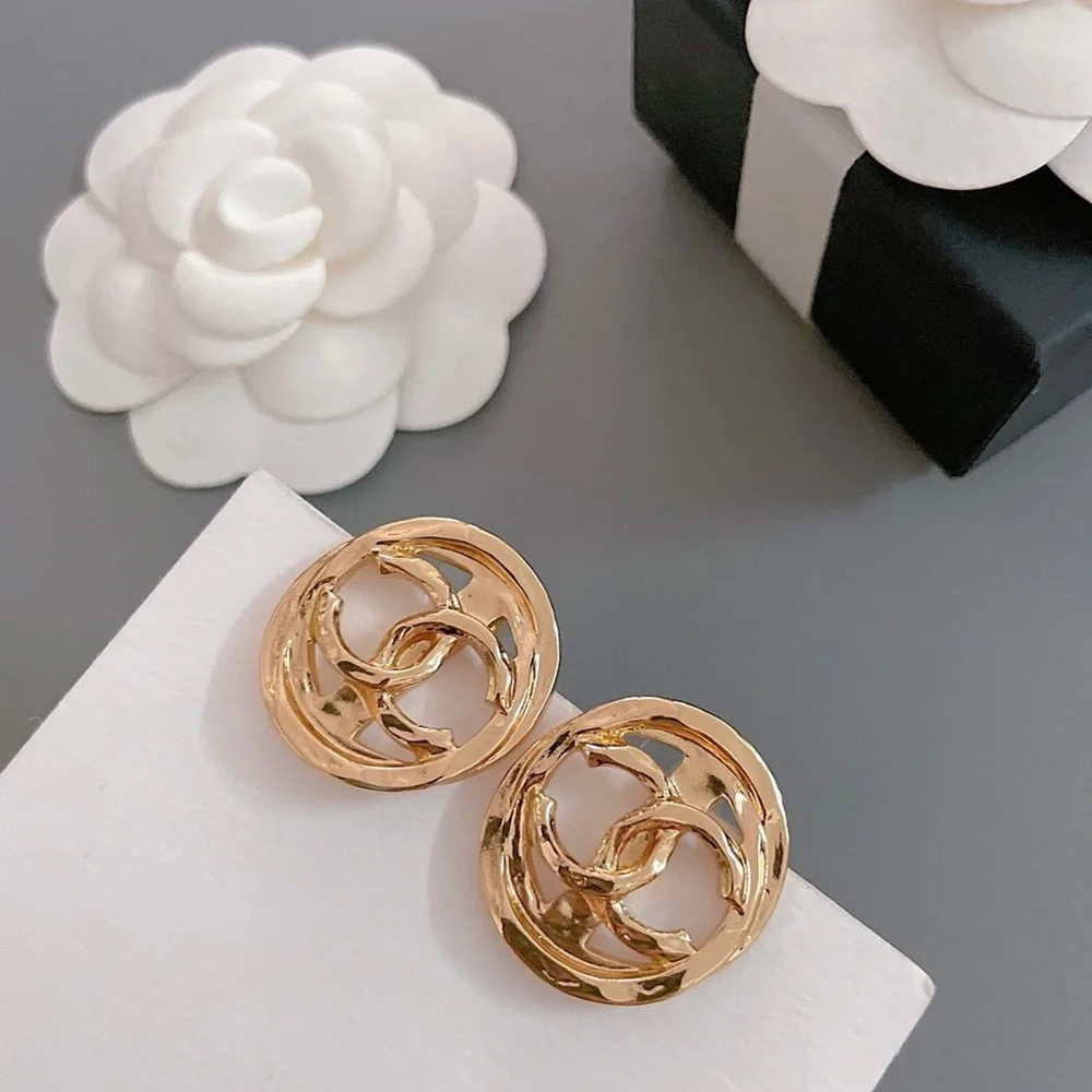 Chanel Gold Tone Hammered CC Logo Round Stud Earrings
